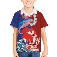 Hawaiian and Japanese Together Family Matching Off Shoulder Short Dress and Hawaiian Shirt The Whale and Koi Fish with Hinomaru and Lei LT03 Son's Shirt Blue - Polynesian Pride