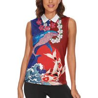 Hawaiian and Japanese Together Women Sleeveless Polo Shirt The Whale and Koi Fish with Hinomaru and Lei LT03 - Polynesian Pride