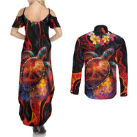 Hawaiian Turtle with Volcanic Eruption Couples Matching Summer Maxi Dress and Long Sleeve Button Shirt Hibiscus Lei and Lava Flow an Abstract Texture