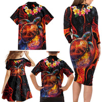 Hawaiian Turtle with Volcanic Eruption Family Matching Long Sleeve Bodycon Dress and Hawaiian Shirt Hibiscus Lei and Lava Flow an Abstract Texture LT03 - Polynesian Pride