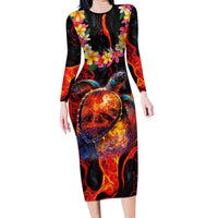 Hawaiian Turtle with Volcanic Eruption Family Matching Long Sleeve Bodycon Dress and Hawaiian Shirt Hibiscus Lei and Lava Flow an Abstract Texture LT03 Mom's Dress Black - Polynesian Pride