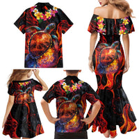 Hawaiian Turtle with Volcanic Eruption Family Matching Mermaid Dress and Hawaiian Shirt Hibiscus Lei and Lava Flow an Abstract Texture LT03 - Polynesian Pride