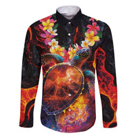 Hawaiian Turtle with Volcanic Eruption Family Matching Off Shoulder Maxi Dress and Hawaiian Shirt Hibiscus Lei and Lava Flow an Abstract Texture LT03 Dad's Shirt - Long Sleeve Black - Polynesian Pride