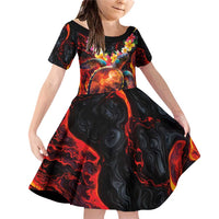 Hawaiian Turtle with Volcanic Eruption Family Matching Off Shoulder Short Dress and Hawaiian Shirt Hibiscus Lei and Lava Flow an Abstract Texture LT03 Daughter's Dress Black - Polynesian Pride