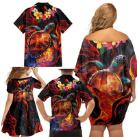 Hawaiian Turtle with Volcanic Eruption Family Matching Off Shoulder Short Dress and Hawaiian Shirt Hibiscus Lei and Lava Flow an Abstract Texture LT03 - Polynesian Pride