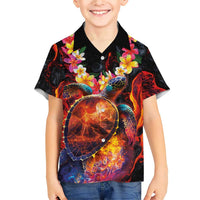 Hawaiian Turtle with Volcanic Eruption Family Matching Short Sleeve Bodycon Dress and Hawaiian Shirt Hibiscus Lei and Lava Flow an Abstract Texture