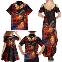 Hawaiian Turtle with Volcanic Eruption Family Matching Summer Maxi Dress and Hawaiian Shirt Hibiscus Lei and Lava Flow an Abstract Texture LT03 - Polynesian Pride