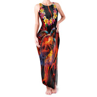 Hawaiian Turtle with Volcanic Eruption Family Matching Tank Maxi Dress and Hawaiian Shirt Hibiscus Lei and Lava Flow an Abstract Texture LT03 Mom's Dress Black - Polynesian Pride