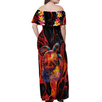 Hawaiian Turtle with Volcanic Eruption Off Shoulder Maxi Dress Hibiscus Lei and Lava Flow an Abstract Texture