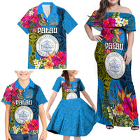 Palau Independence Day Family Matching Off Shoulder Maxi Dress and Hawaiian Shirt 1st October 30th Anniversary Polynesian Jungle Flower LT03 - Polynesian Pride