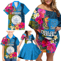 Palau Independence Day Family Matching Off Shoulder Short Dress and Hawaiian Shirt 1st October 30th Anniversary Polynesian Jungle Flower LT03 - Polynesian Pride
