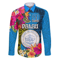 Palau Independence Day Family Matching Summer Maxi Dress and Hawaiian Shirt 1st October 30th Anniversary Polynesian Jungle Flower LT03 Dad's Shirt - Long Sleeve Blue - Polynesian Pride
