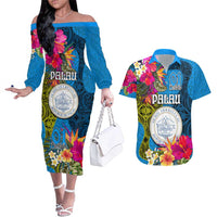 Personalised Palau Independence Day Couples Matching Off The Shoulder Long Sleeve Dress and Hawaiian Shirt 1st October 30th Anniversary Polynesian Jungle Flower LT03 Blue - Polynesian Pride