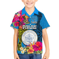 Personalised Palau Independence Day Family Matching Long Sleeve Bodycon Dress and Hawaiian Shirt 1st October 30th Anniversary Polynesian Jungle Flower LT03 Son's Shirt Blue - Polynesian Pride