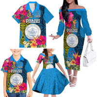 Personalised Palau Independence Day Family Matching Off The Shoulder Long Sleeve Dress and Hawaiian Shirt 1st October 30th Anniversary Polynesian Jungle Flower LT03 - Polynesian Pride