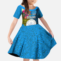 Personalised Palau Independence Day Family Matching Off Shoulder Maxi Dress and Hawaiian Shirt 1st October 30th Anniversary Polynesian Jungle Flower LT03 Daughter's Dress Blue - Polynesian Pride