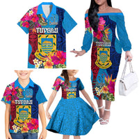 Tuvalu Independence Day Family Matching Off The Shoulder Long Sleeve Dress and Hawaiian Shirt 1st October 46th Anniversary Polynesian Jungle Flower LT03 - Polynesian Pride