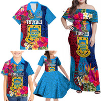 Tuvalu Independence Day Family Matching Off Shoulder Maxi Dress and Hawaiian Shirt 1st October 46th Anniversary Polynesian Jungle Flower LT03 - Polynesian Pride