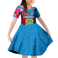 Tuvalu Independence Day Family Matching Off Shoulder Short Dress and Hawaiian Shirt 1st October 46th Anniversary Polynesian Jungle Flower LT03 Daughter's Dress Blue - Polynesian Pride