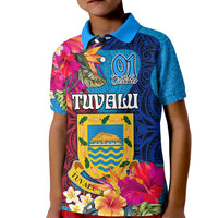 Tuvalu Independence Day Kid Polo Shirt 1st October 46th Anniversary Polynesian Jungle Flower LT03 Kid Blue - Polynesian Pride