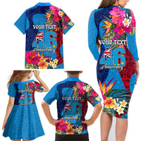 Personalised Tuvalu Independence Day Family Matching Long Sleeve Bodycon Dress and Hawaiian Shirt 1st October 46th Anniversary Polynesian Jungle Flower LT03 - Polynesian Pride