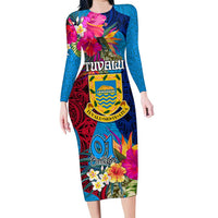 Personalised Tuvalu Independence Day Family Matching Long Sleeve Bodycon Dress and Hawaiian Shirt 1st October 46th Anniversary Polynesian Jungle Flower LT03 Mom's Dress Blue - Polynesian Pride
