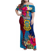 Personalised Tuvalu Independence Day Family Matching Off Shoulder Maxi Dress and Hawaiian Shirt 1st October 46th Anniversary Polynesian Jungle Flower LT03 Mom's Dress Blue - Polynesian Pride