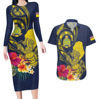 Niue Independence Day Couples Matching Long Sleeve Bodycon Dress and Hawaiian Shirt Hiapo Pattern Hibiscus Plumeria and Uga LT03 Yellow - Polynesian Pride