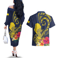 Niue Independence Day Couples Matching Off The Shoulder Long Sleeve Dress and Hawaiian Shirt Hiapo Pattern Hibiscus Plumeria and Uga LT03 - Polynesian Pride