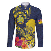 Niue Independence Day Family Matching Long Sleeve Bodycon Dress and Hawaiian Shirt Hiapo Pattern Hibiscus Plumeria and Uga LT03 Dad's Shirt - Long Sleeve Yellow - Polynesian Pride