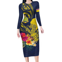 Niue Independence Day Family Matching Long Sleeve Bodycon Dress and Hawaiian Shirt Hiapo Pattern Hibiscus Plumeria and Uga LT03 Mom's Dress Yellow - Polynesian Pride