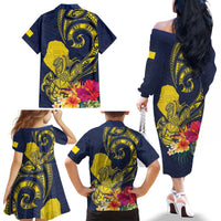 Niue Independence Day Family Matching Off The Shoulder Long Sleeve Dress and Hawaiian Shirt Hiapo Pattern Hibiscus Plumeria and Uga LT03 - Polynesian Pride