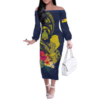Niue Independence Day Family Matching Off The Shoulder Long Sleeve Dress and Hawaiian Shirt Hiapo Pattern Hibiscus Plumeria and Uga LT03 Mom's Dress Yellow - Polynesian Pride