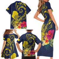 Niue Independence Day Family Matching Short Sleeve Bodycon Dress and Hawaiian Shirt Hiapo Pattern Hibiscus Plumeria and Uga LT03 - Polynesian Pride