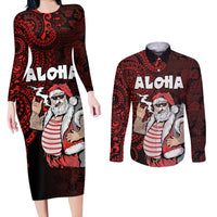 Hawaii Aloha Santa Claus Funny Polynesian Tattoo Couples Matching Long Sleeve Bodycon Dress and Long Sleeve Button Shirt Red Color LT03 Red - Polynesian Pride