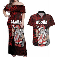 Hawaii Aloha Santa Claus Funny Polynesian Tattoo Couples Matching Off Shoulder Maxi Dress and Hawaiian Shirt Red Color LT03 Red - Polynesian Pride