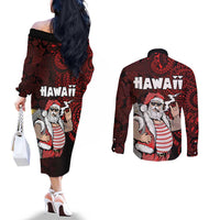 Hawaii Aloha Santa Claus Funny Polynesian Tattoo Couples Matching Off The Shoulder Long Sleeve Dress and Long Sleeve Button Shirt Red Color LT03 - Polynesian Pride