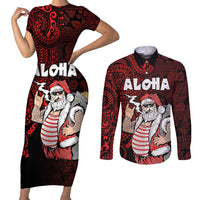 Hawaii Aloha Santa Claus Funny Polynesian Tattoo Couples Matching Short Sleeve Bodycon Dress and Long Sleeve Button Shirt Red Color LT03 Red - Polynesian Pride