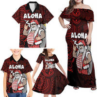 Hawaii Aloha Santa Claus Funny Polynesian Tattoo Family Matching Off Shoulder Maxi Dress and Hawaiian Shirt Red Color LT03 - Polynesian Pride