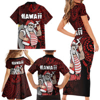 Hawaii Aloha Santa Claus Funny Polynesian Tattoo Family Matching Short Sleeve Bodycon Dress and Hawaiian Shirt Red Color LT03 - Polynesian Pride
