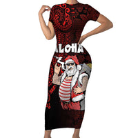 Hawaii Aloha Santa Claus Funny Polynesian Tattoo Family Matching Short Sleeve Bodycon Dress and Hawaiian Shirt Red Color LT03 Mom's Dress Red - Polynesian Pride