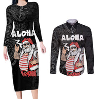 Hawaii Aloha Santa Claus Funny Polynesian Tattoo Couples Matching Long Sleeve Bodycon Dress and Long Sleeve Button Shirt Black Color LT03 Black - Polynesian Pride