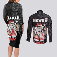 Hawaii Aloha Santa Claus Funny Polynesian Tattoo Couples Matching Long Sleeve Bodycon Dress and Long Sleeve Button Shirt Black Color LT03 - Polynesian Pride