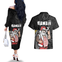 Hawaii Aloha Santa Claus Funny Polynesian Tattoo Couples Matching Off The Shoulder Long Sleeve Dress and Hawaiian Shirt Black Color LT03 - Polynesian Pride