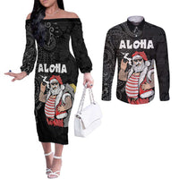 Hawaii Aloha Santa Claus Funny Polynesian Tattoo Couples Matching Off The Shoulder Long Sleeve Dress and Long Sleeve Button Shirt Black Color LT03 Black - Polynesian Pride