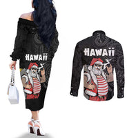 Hawaii Aloha Santa Claus Funny Polynesian Tattoo Couples Matching Off The Shoulder Long Sleeve Dress and Long Sleeve Button Shirt Black Color LT03 - Polynesian Pride