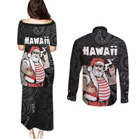 Hawaii Aloha Santa Claus Funny Polynesian Tattoo Couples Matching Puletasi and Long Sleeve Button Shirt Black Color