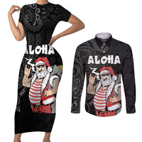 Hawaii Aloha Santa Claus Funny Polynesian Tattoo Couples Matching Short Sleeve Bodycon Dress and Long Sleeve Button Shirt Black Color LT03 Black - Polynesian Pride