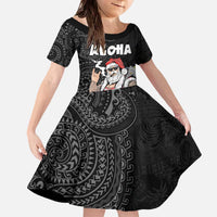 Hawaii Aloha Santa Claus Funny Polynesian Tattoo Family Matching Off The Shoulder Long Sleeve Dress and Hawaiian Shirt Black Color LT03 Daughter's Dress Black - Polynesian Pride