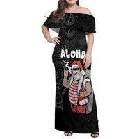 Hawaii Aloha Santa Claus Funny Polynesian Tattoo Family Matching Off Shoulder Maxi Dress and Hawaiian Shirt Black Color LT03 Mom's Dress Black - Polynesian Pride